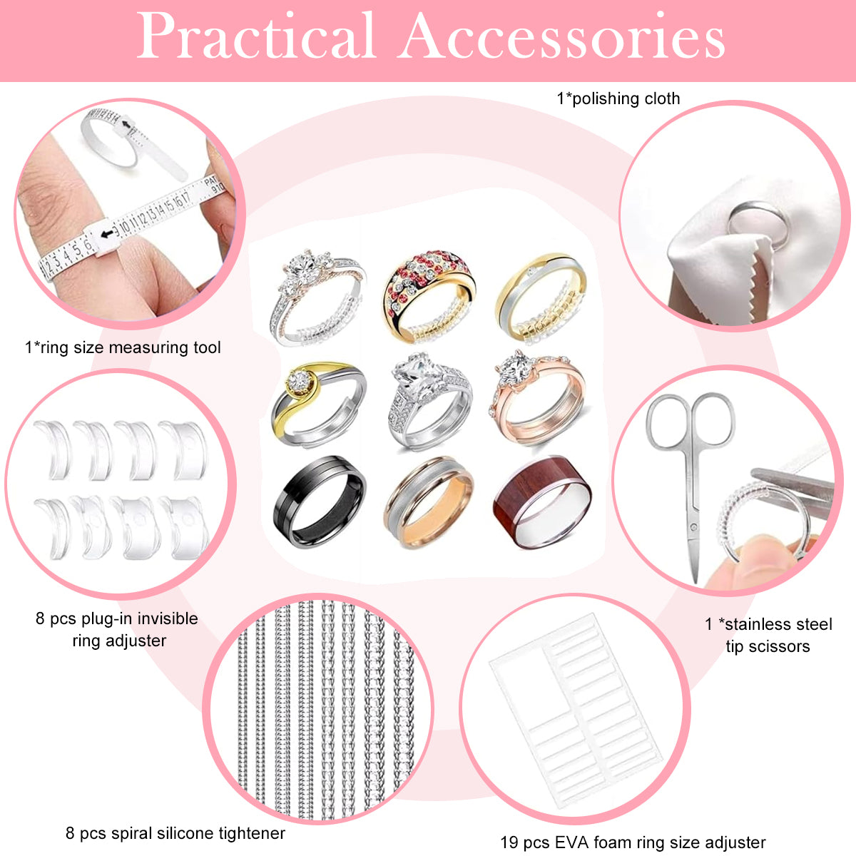 SANNIDHI 20Pcs Ring Adjuster for Loose Rings Invisible Ring Size Measuring Tool, Plug-In Invisible Ring Guards Silicone Tightener Eva Foam Patches Ring Adjusters Set with Polishing Cloth, Scissors SANNIDHI 20Pcs Ring Adjuster for Loose Rings Invisible Ring Size Measuring Tool, Plug-In Invisible Ring Guards Silicone Tightener Eva Foam Patches Ring Adjusters Set with Polishing Cloth, Scissors